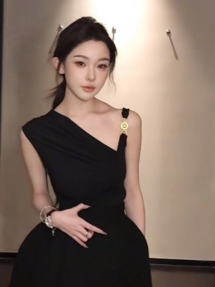 French black off-shoulder irregular pleated vest top bud skirt two-piece homecoming dress R3024