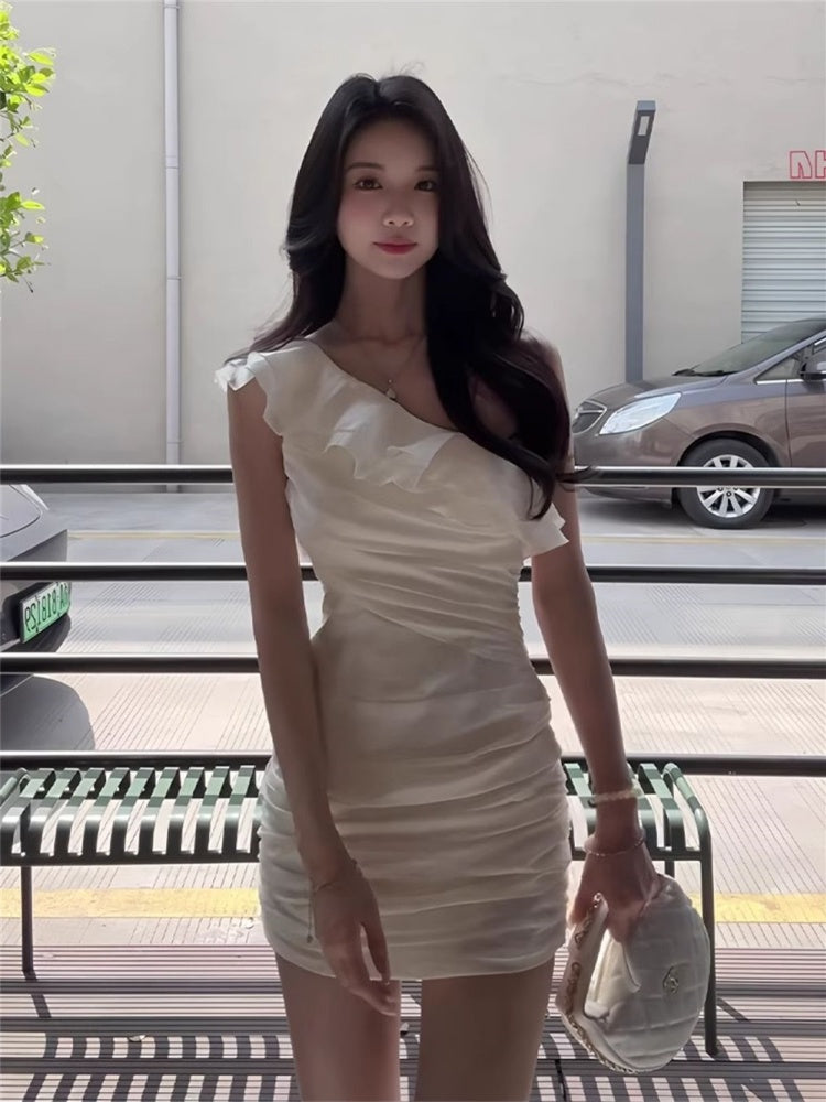 White ruffled dress women's summer slim fit hip skirt short skirt homecoming dress R3021