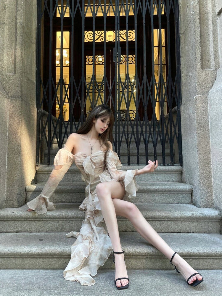 French pure desire style ruffle irregular dress female temperament high-end sexy homecoming dress R3007