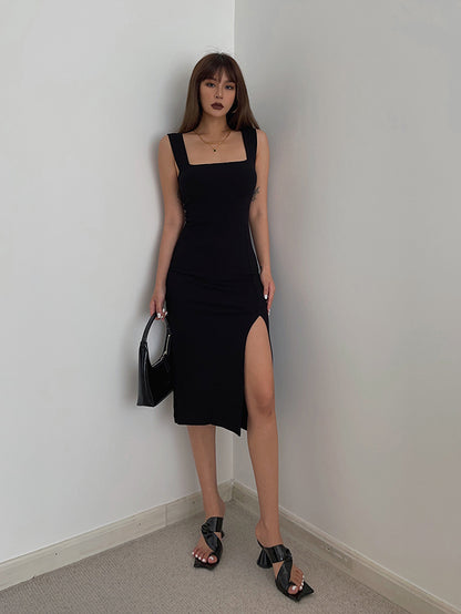 Super temperament square collar slit skirt sexy slim waist S-shaped hot girl figure hip dress R3026