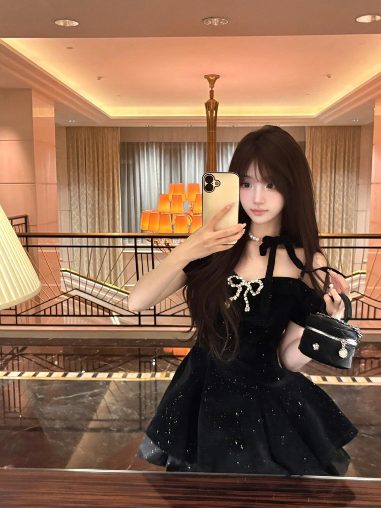 Black velvet dress women's summer princess dress waist puffy skirt homecoming dress R3020