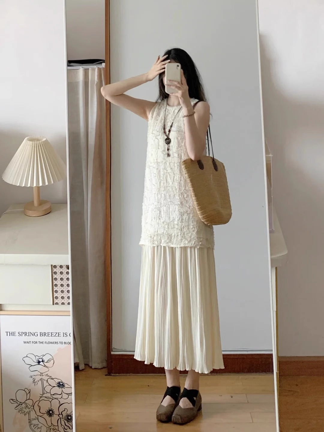 Green sleeveless dress for women, high-end fake two-piece temperament long dress R0770