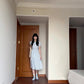 Gentle and sweet style blue puff sleeve dress temperament waist A-line long skirt R0771