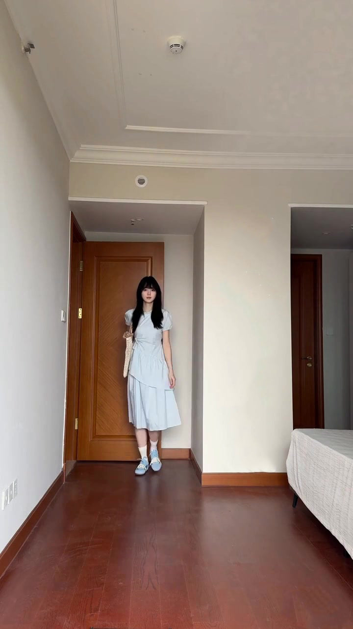 Gentle and sweet style blue puff sleeve dress temperament waist A-line long skirt R0771