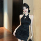 New Chinese style sexy cheongsam French sexy high waist temperament slim short sleeveless dress R3709