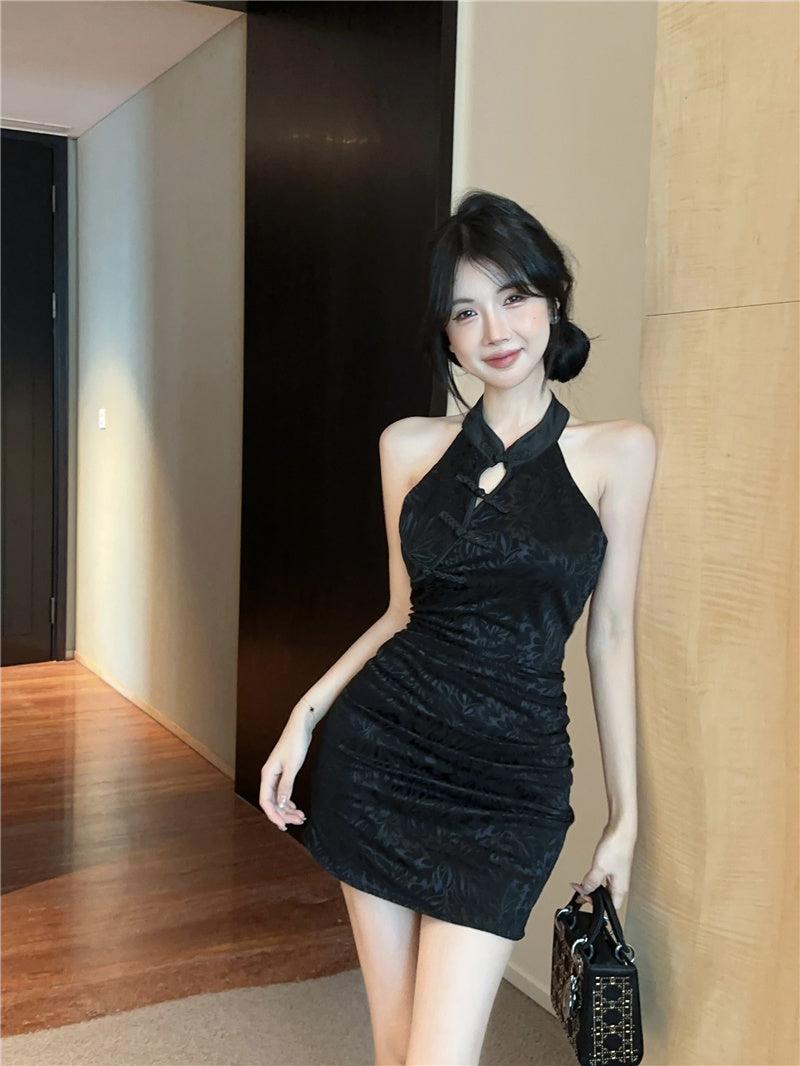 New Chinese style sexy cheongsam French sexy high waist temperament slim short sleeveless dress R3709