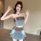 Colorblock retro chic collarbone exposed denim tube top vest high waist slim skirt Hong Kong style suit R3710