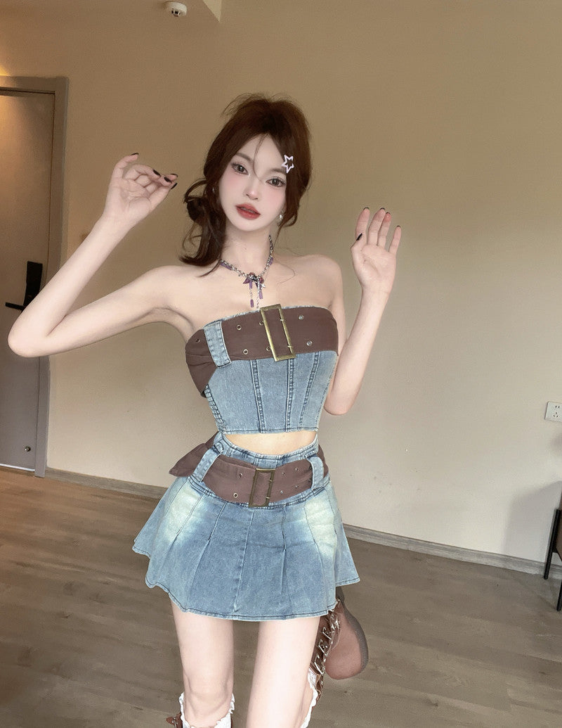 Colorblock retro chic collarbone exposed denim tube top vest high waist slim skirt Hong Kong style suit R3710