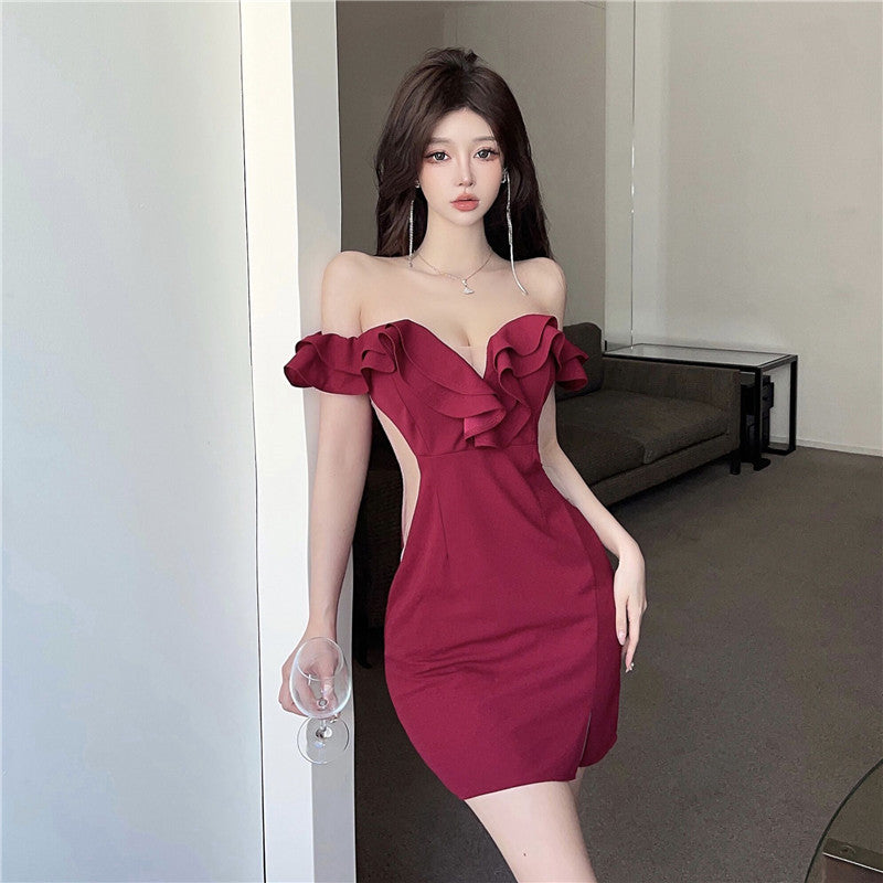 Sexy ruffled one-shoulder dress for women, high-end temperament, v-neck, slim-fitting, hip-wrapped short skirt R3676