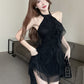 Halter neck ribbon backless little black dress irregular sexy slim fit ruffled dress for women R3708