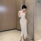 Square neck suspender dress with elegant waist, slim fit and hip-hugging high-end skirt R1453