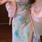 Gentle temperament oil painting floral dress beautiful waist slim fit small skirt R0629