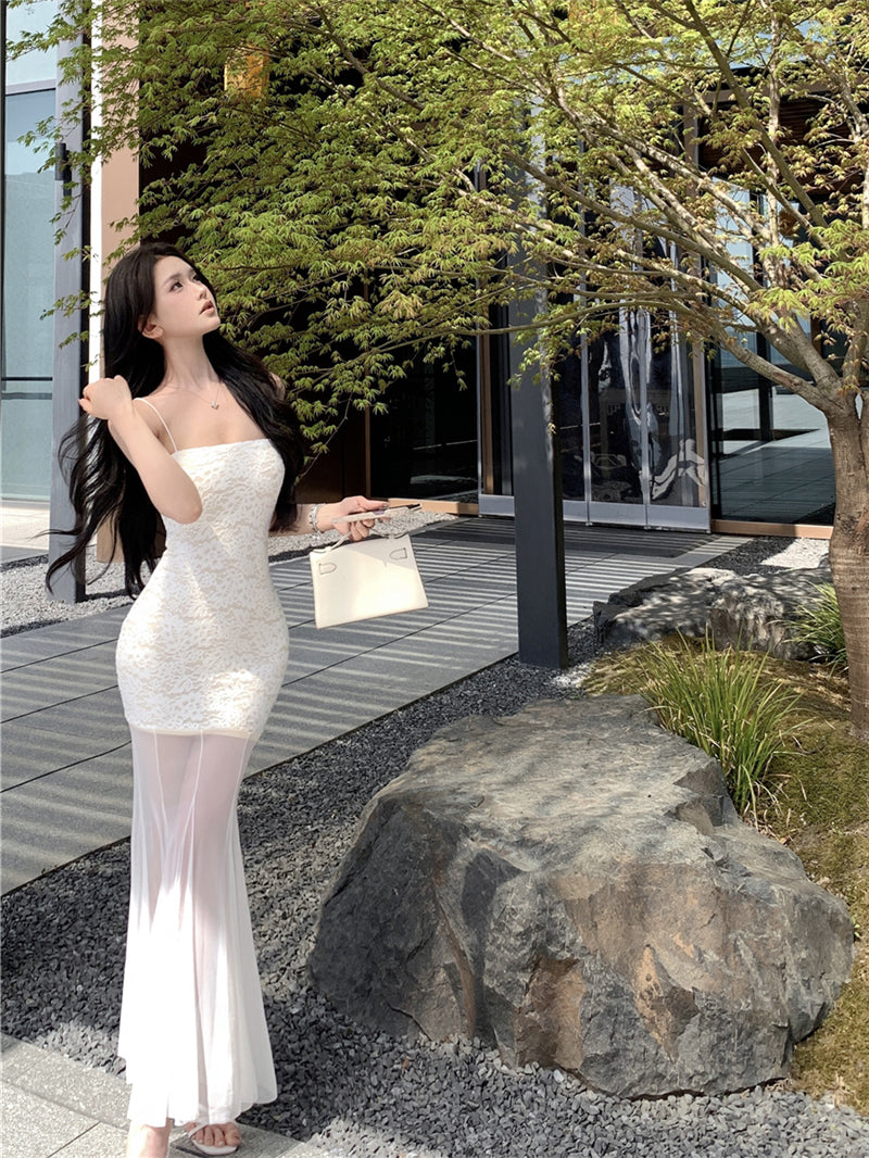 White lace suspender dress beautiful waist hip skirt R0526