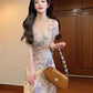 Purple lace patchwork v-neck short-sleeved dress with slim waist and hip skirt R0523