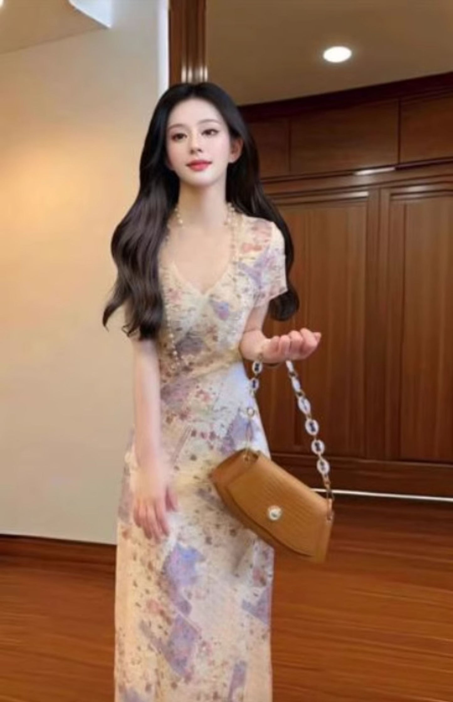 Purple lace patchwork v-neck short-sleeved dress with slim waist and hip skirt R0523