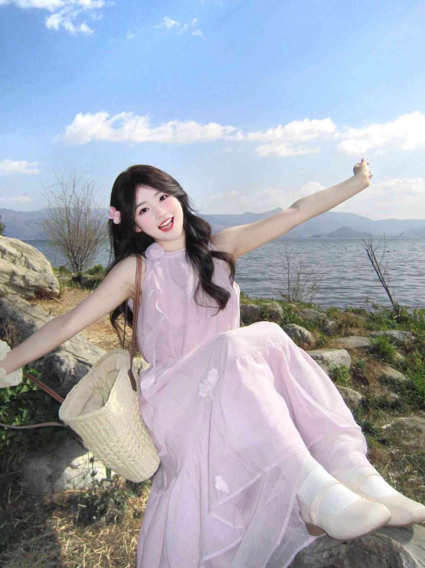 Gentle pink sleeveless halter neck dress beautiful loose skirt R0528