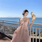 Pink flower suspender dress beautiful small skirt temperament long skirt R0521