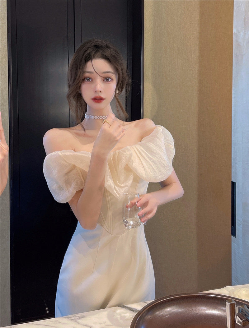 French style one shoulder dress slit gentle style banquet bridesmaid dress long skirt R1429