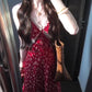 Beautiful little skirt tea break French retro red dress v-neck floral suspender skirt R0614
