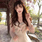 Flower suspender dress gentle and sweet style temperament waist A-line short skirt R0812