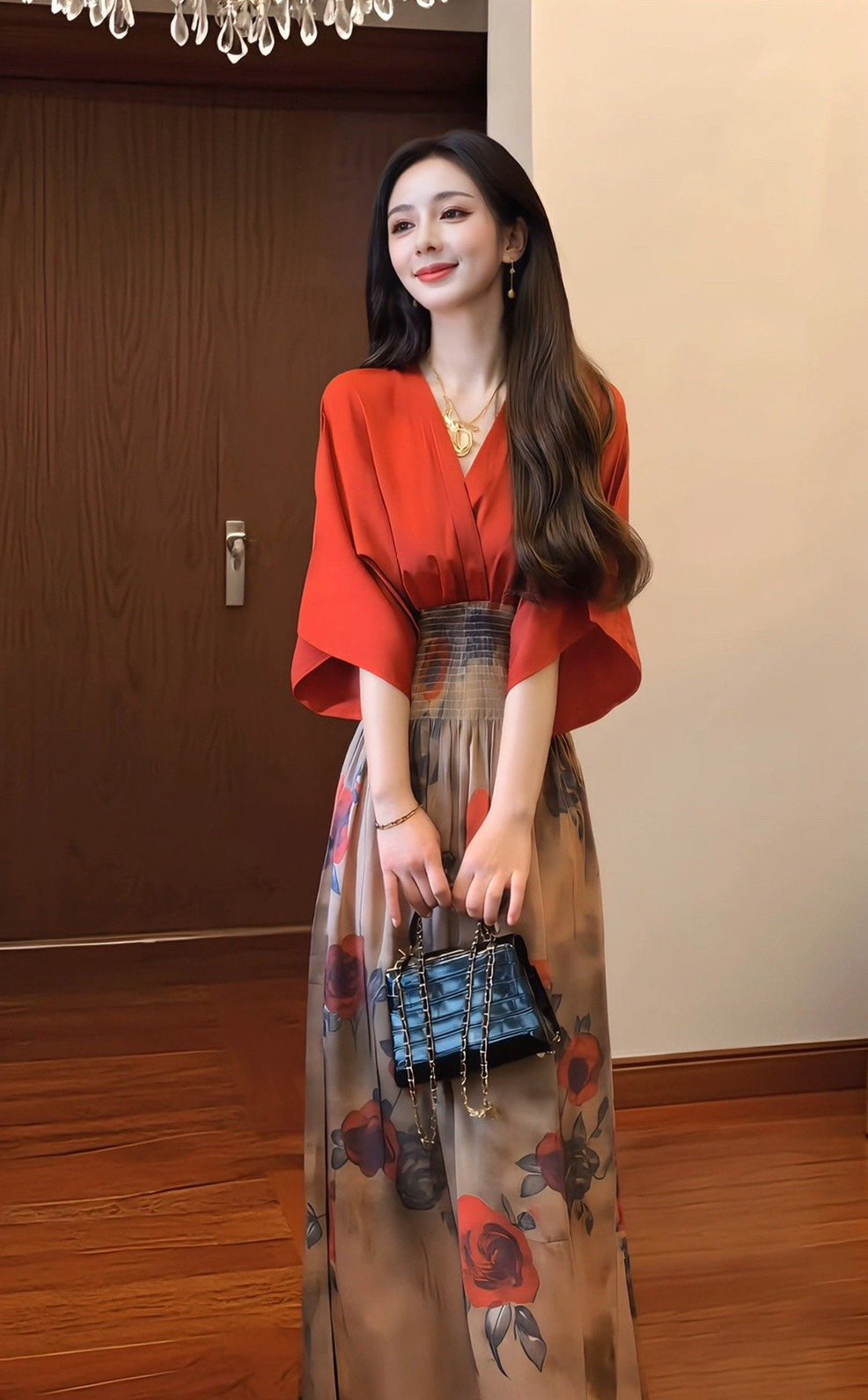 Retro red v-neck dress gentle temperament waist a-line long skirt R0744