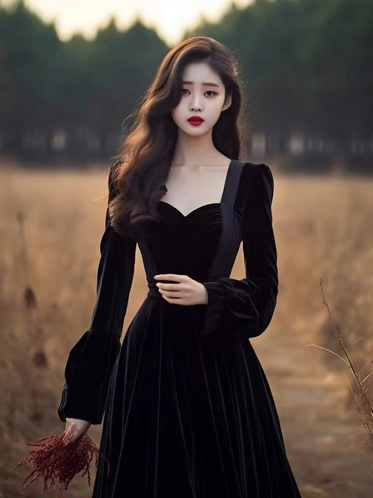 Hepburn style black dress high-end niche important occasion temperament dress R1778