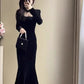 Hepburn style black annual party evening dress high-end niche temperament fishtail dress R1775