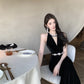 Hepburn style black dress high-end niche temperament heavy fishtail halter neck dress R1774