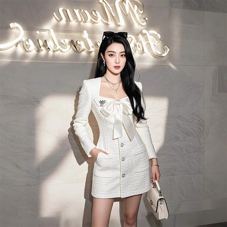 Birthday party small dress skirt high-end light luxury niche formal occasion bow white dress R1773
