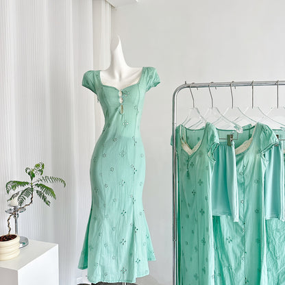 Light Mint Tea Break French Puff Sleeve Hollow First Love Fishtail Dress R2108