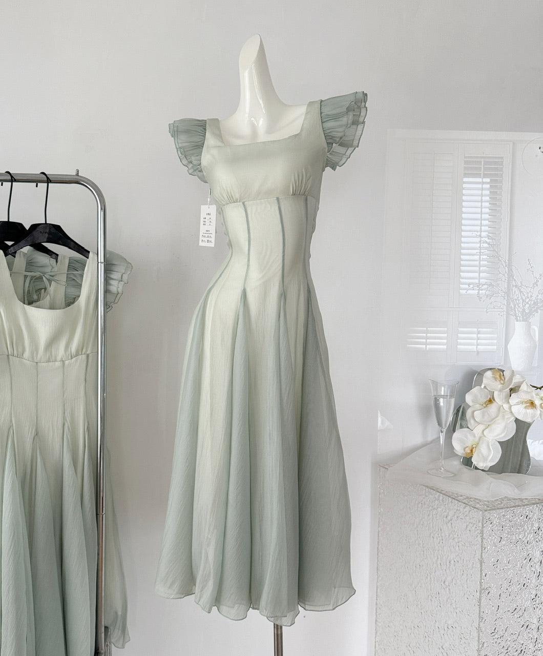 French holiday dress temperament waist big swing gradient mint green romantic dress R2110