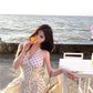 Small v-neck halter neck polka dot long dress with backless herringbone waist R0549