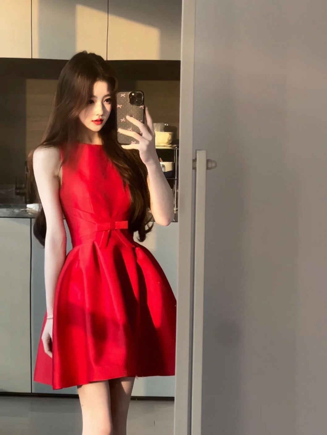 Red waist vest dress temperament dress puffy skirt R0548