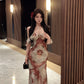 Retro tube top floral dress beautiful waist slim hip skirt R0573