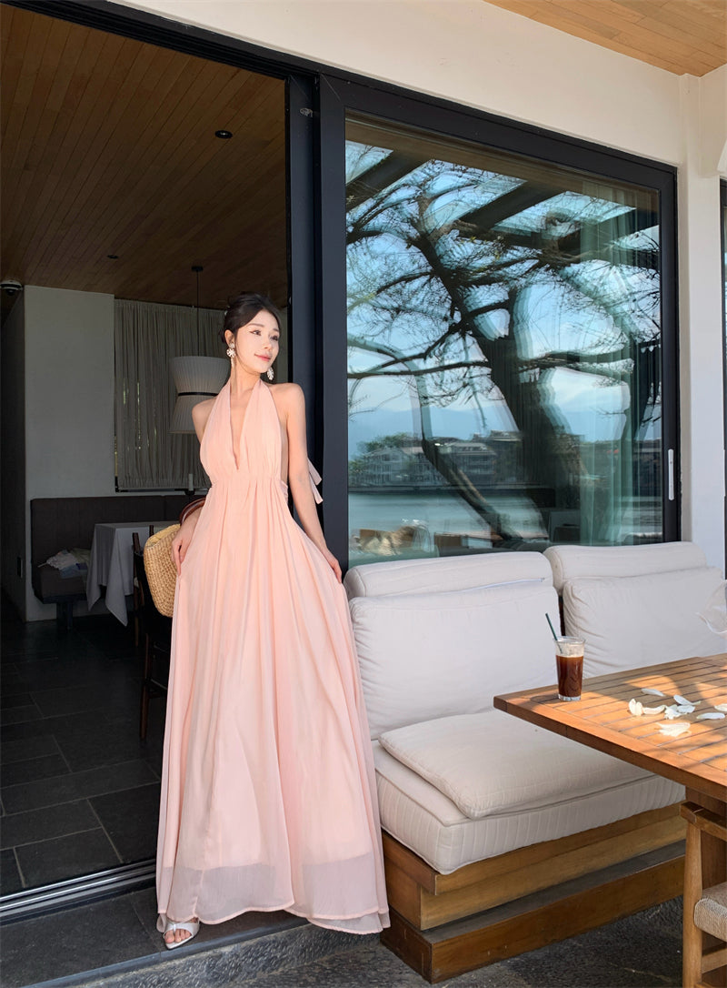 Gentle temperament V-neck halter dress unique waist A-line beach dress R0576
