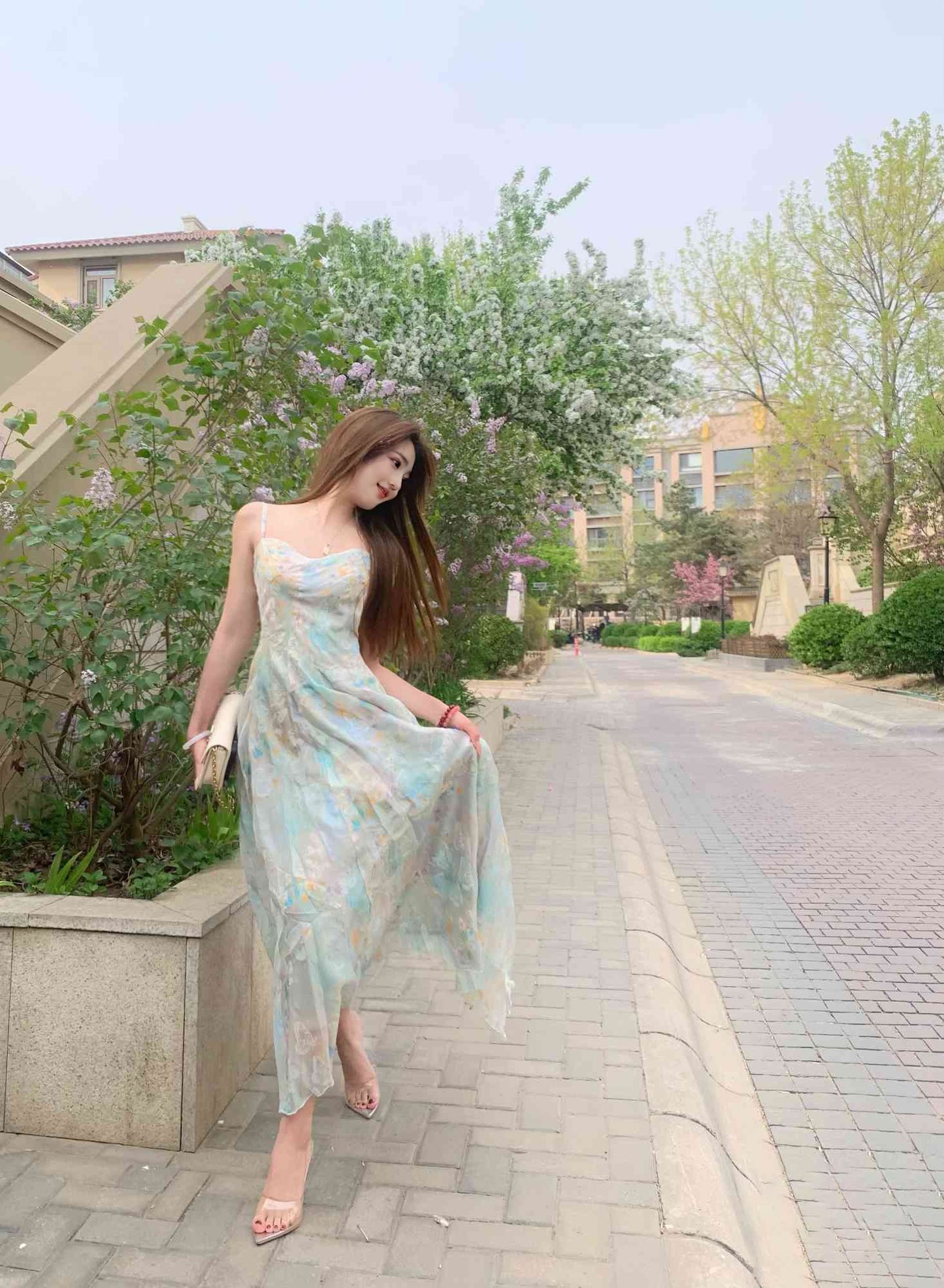 Green floral suspender dress gentle temperament waist small skirt R0578