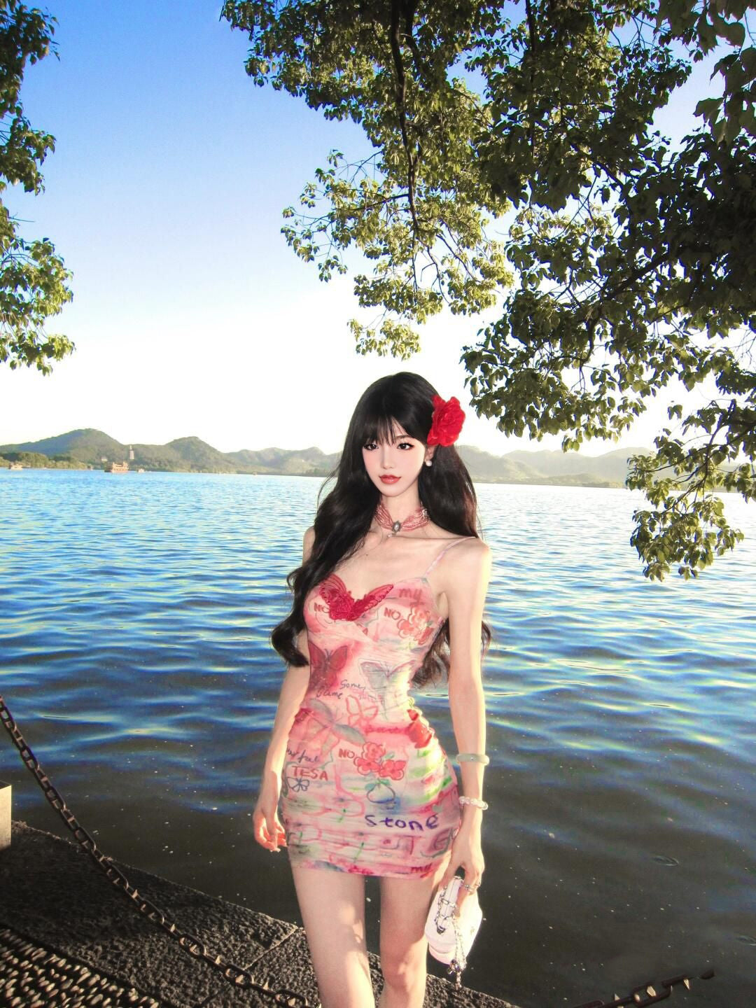 Sexy Slim Hip-hugging Suspender Dress Oil Painting Graffiti Butterfly Dress R0575