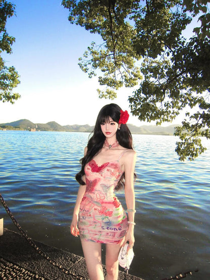 Sexy Slim Hip-hugging Suspender Dress Oil Painting Graffiti Butterfly Dress R0575