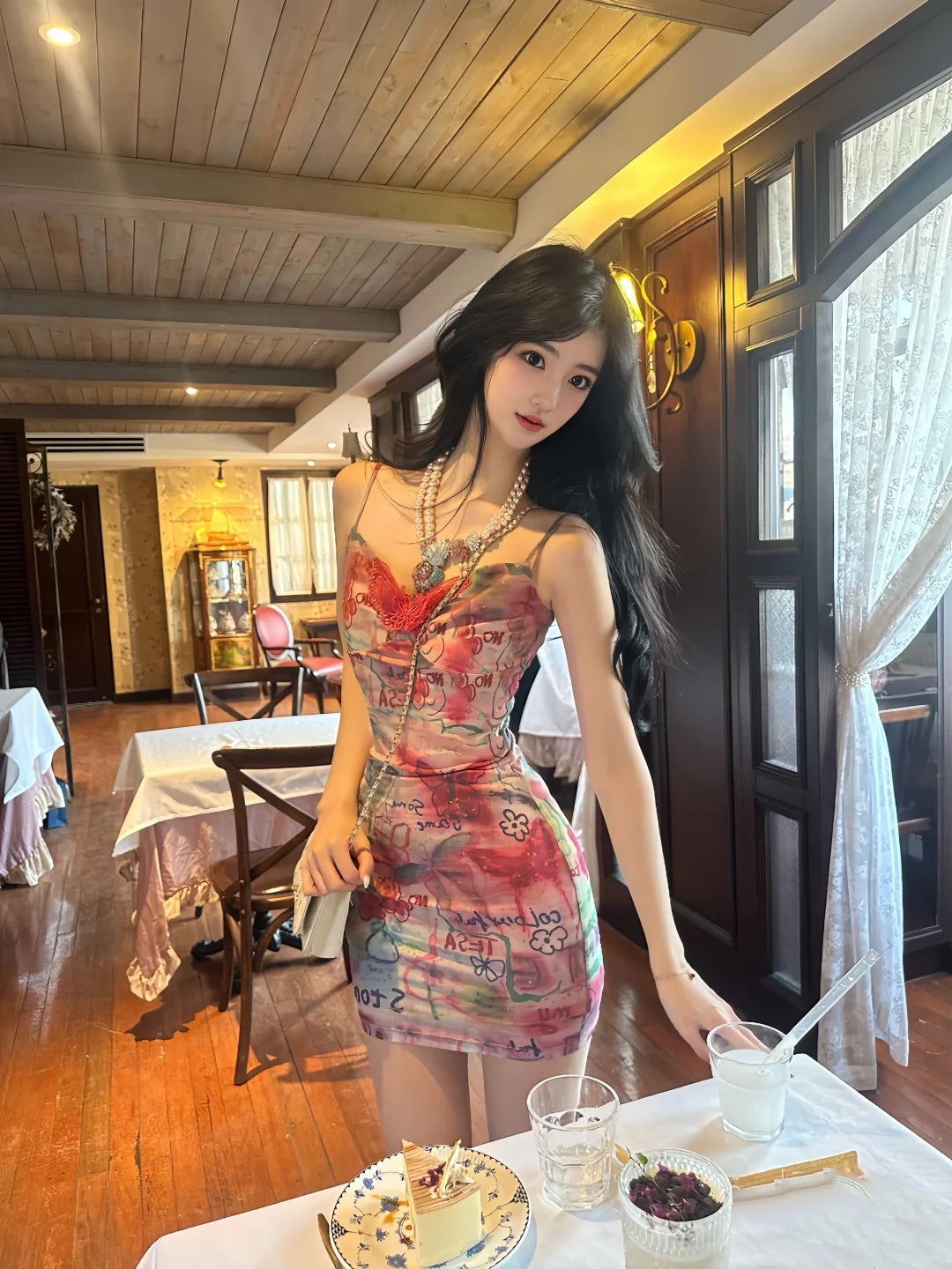 Sexy slim waist suspender dress beautiful printed hip skirt R0577