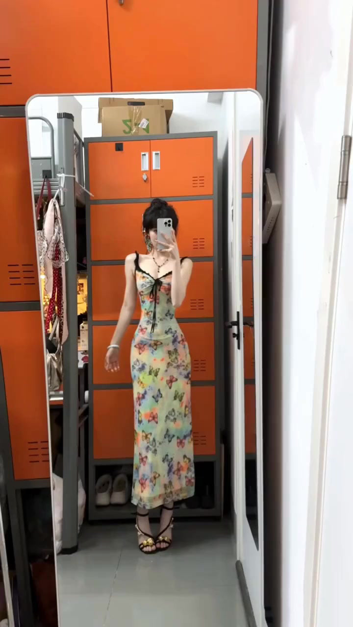 Floral suspender dress with gentle temperament, slim waist and hip skirt R0574