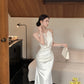 Satin white halter neck suspender dress sexy fishtail hip wrap gentle high-end long skirt R1468