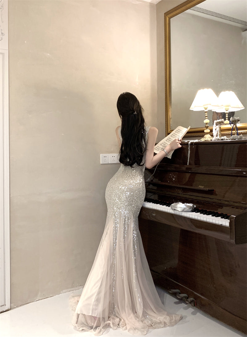 Sexy mermaid high-grade sequined sling dress mesh hip-wrapped evening mermaid dress R1469