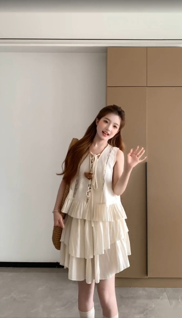 Holiday style outfit suit casual fashion sleeveless vest a-line short skirt two-piece suit 2025 R0839