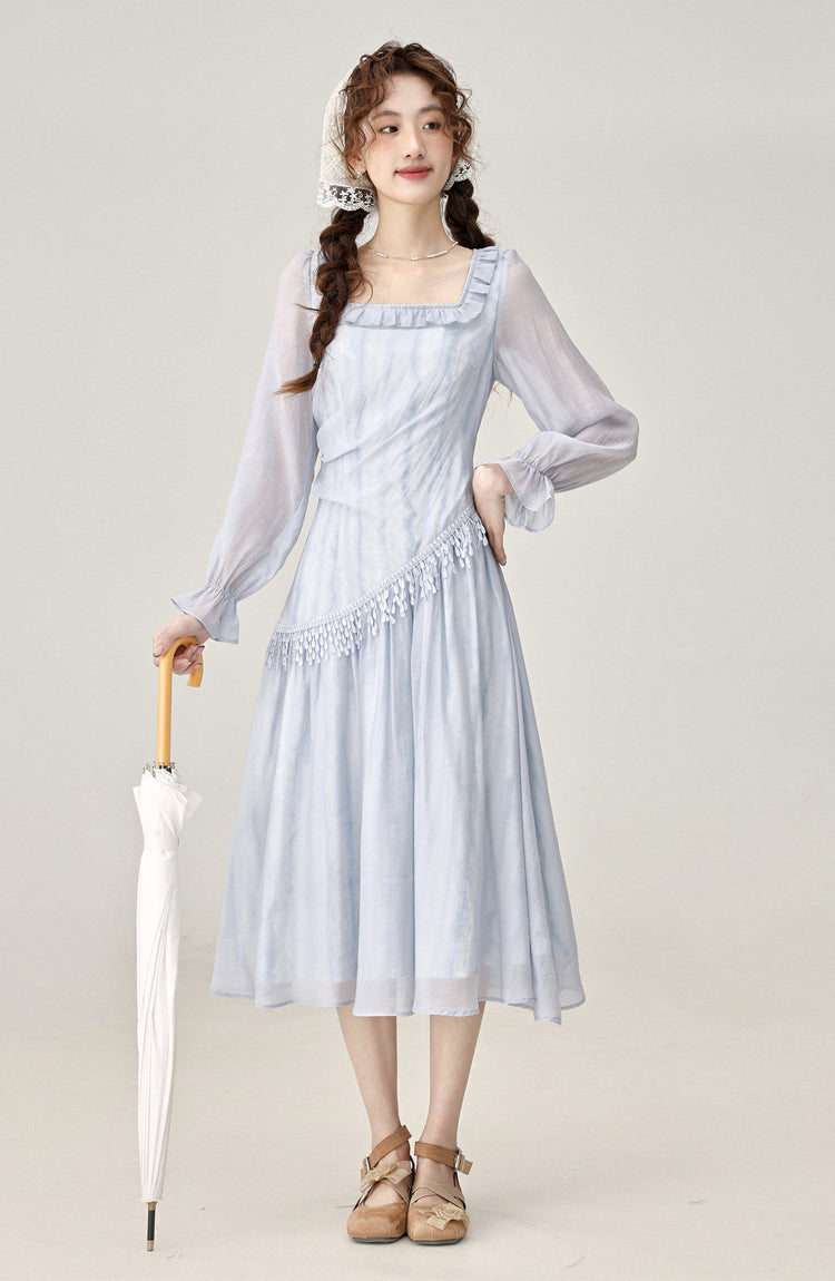 Gentle style irregular blue long-sleeved dress women's beautiful skirt R1978