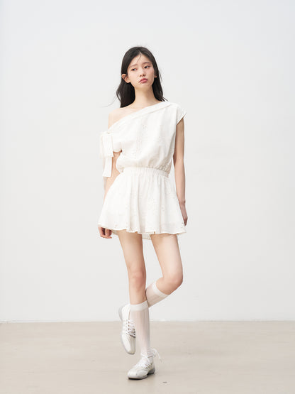 White French hollow flower off-shoulder dress with bow tie design and waist skirt R5131