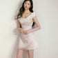 Pink satin with white ruffled edge contrasting one-shoulder waist dress R5132