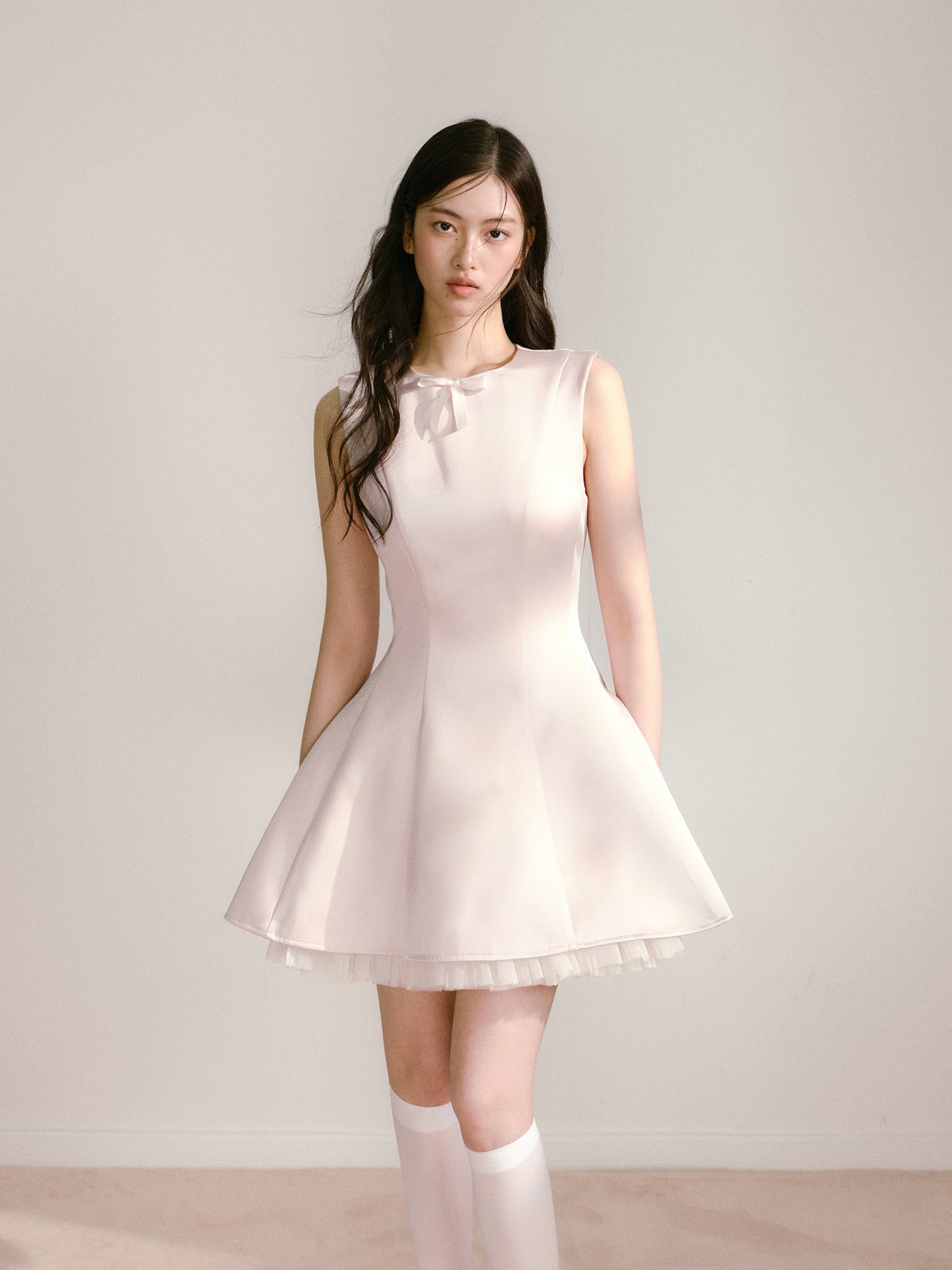 Light pink shiny satin vest dress with mesh ballet style sleeveless tutu skirt R5129