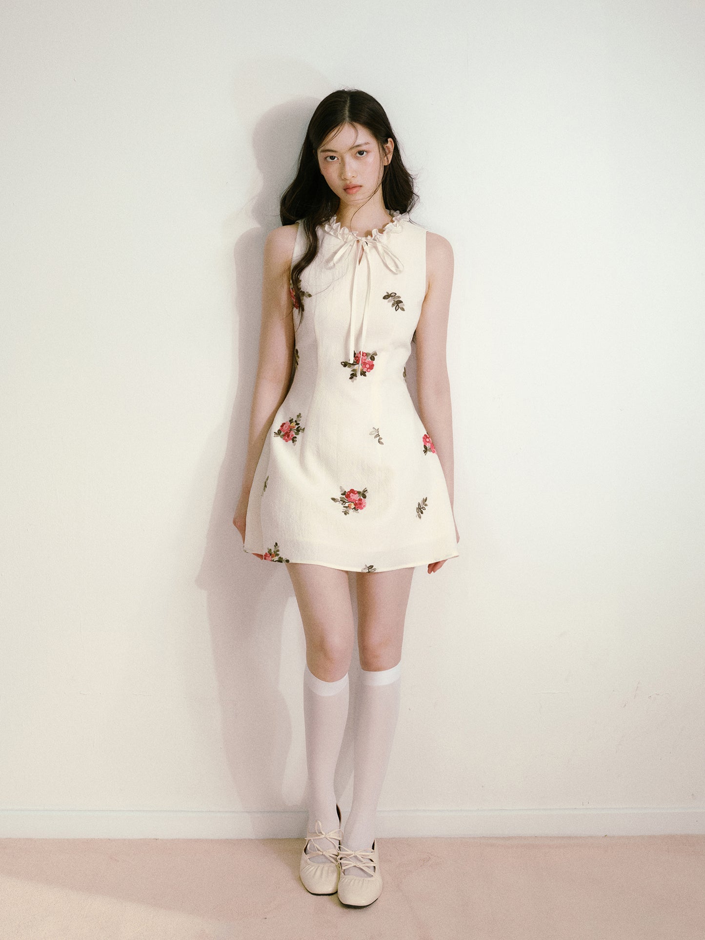 Beige 3D Flower Embroidered Sleeveless Dress with Lace-up Ruffles and Slim Waist Vest Dress R5135