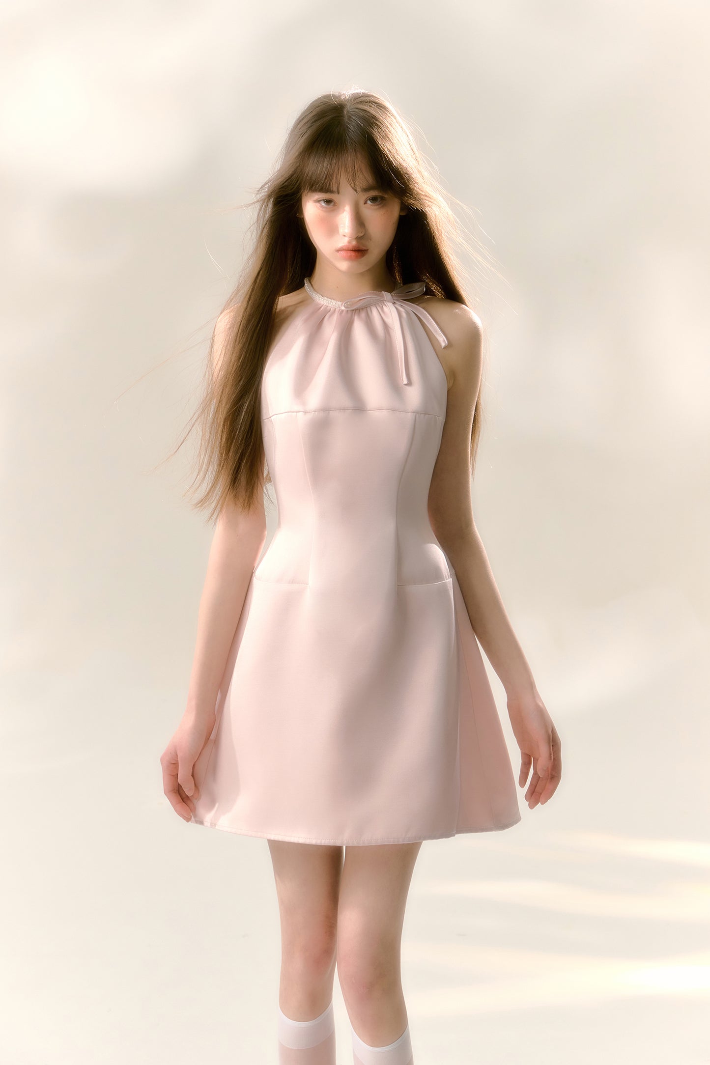 Pink satin glossy halter neck dress with bow waist A-line sleeveless short skirt R5130