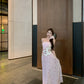 Gentle style pink floral hollow one-shoulder dress with waist A-line long skirt R0612